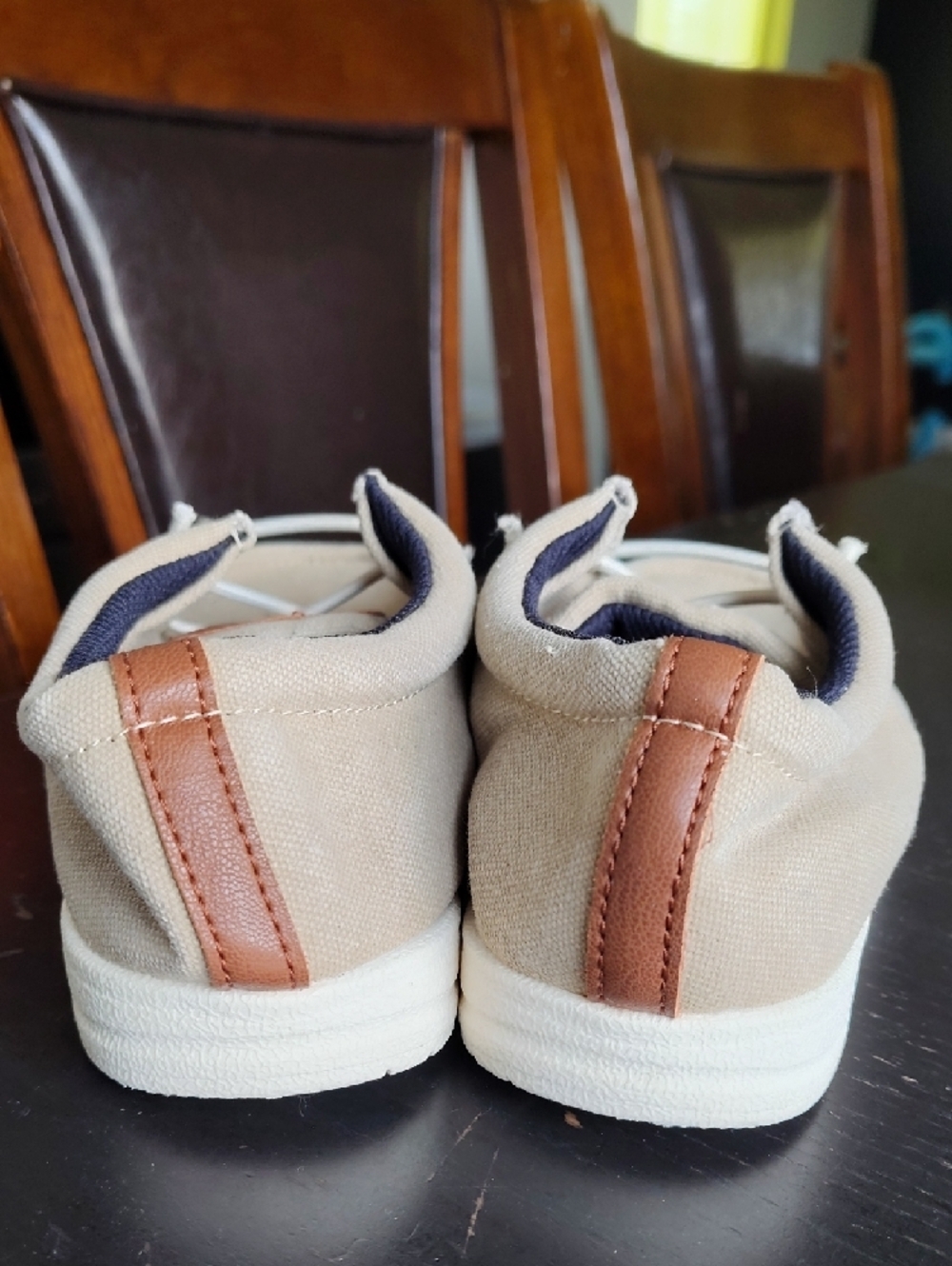 Old Navy Beige Canvas Boat Shoes with Navy Lining and Tan Trim - Picture 6 of 7